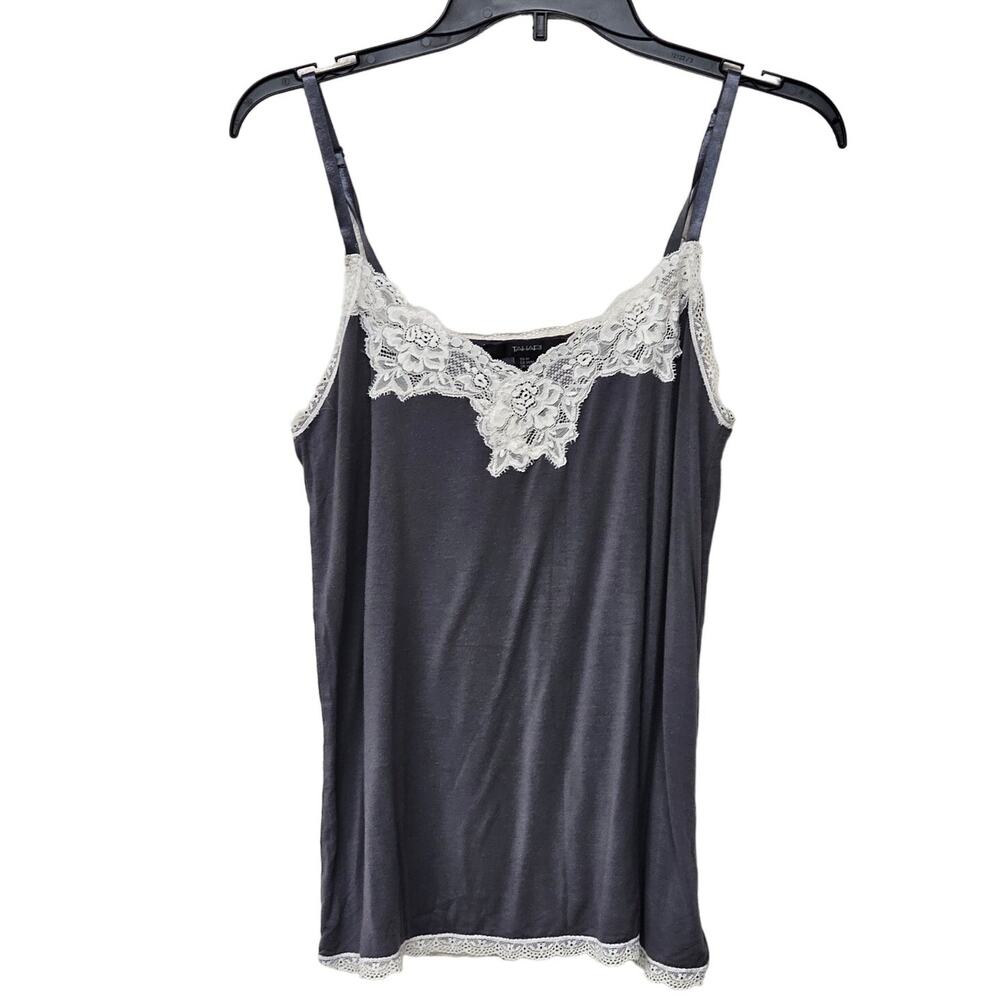 Tahari Sleeveless Tank Top Crochet Trim Spagetti Strap Vine Gray Womens Size M